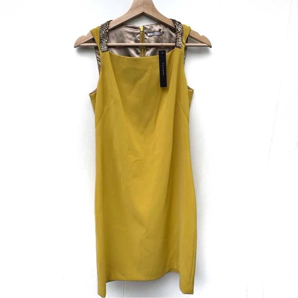 T Tahari Mustard Mini Dress with Embellished Shoulders
